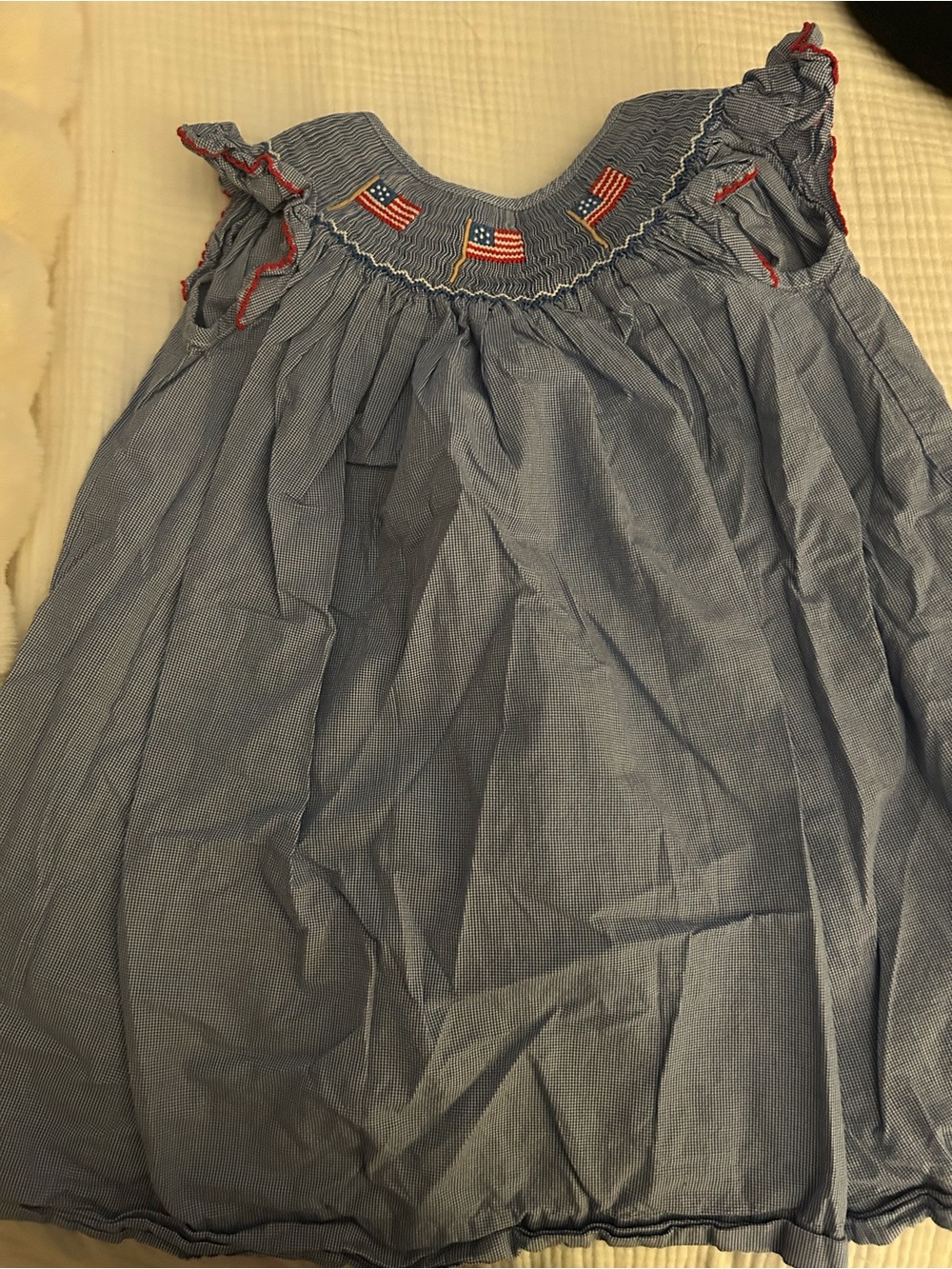 Blue Girls' Sleeveless Smocked Dress with Flag Embroidery (size 3t)